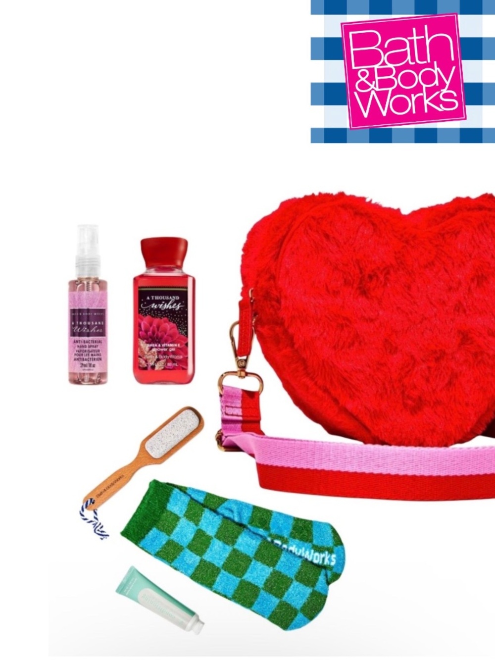 Bath & Body Works Fuzzy Heart Shaped Crossbody Bag & Self-care Goodies Bundle